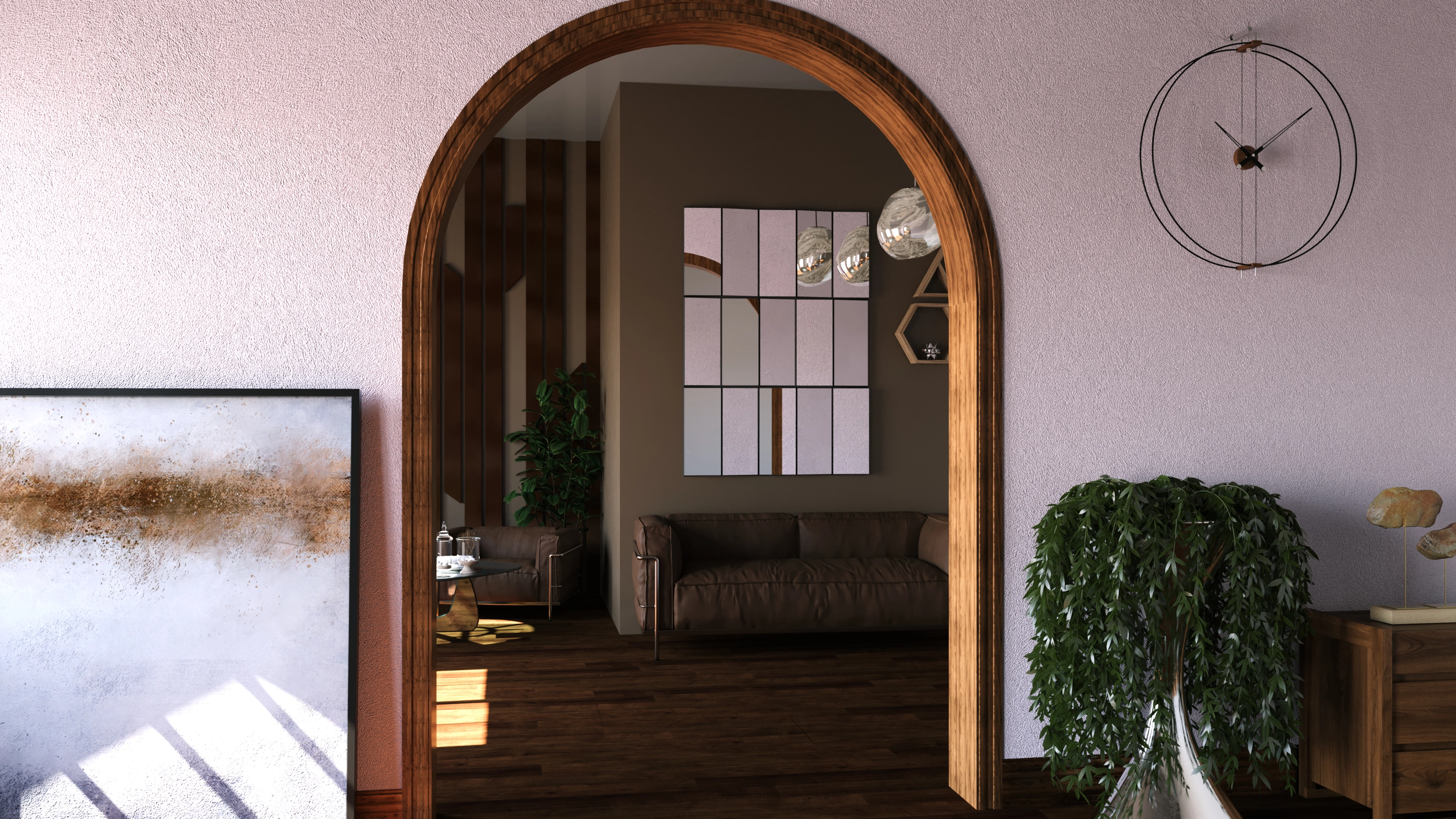 Wireframe line-art render from 3ds Max of the same type of room, used to test camera angle and composition before full rendering.